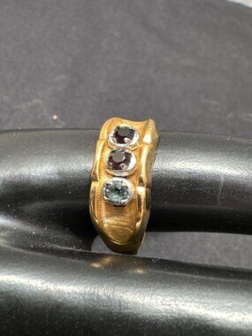 Vintage 18KT HGE Gold Ring Triple Birthstone Gemstone Design - Size 9.5